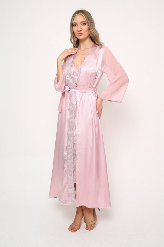 Luna Veil – Saten Dantelli Uzun Gecelik & Sabahlık Set