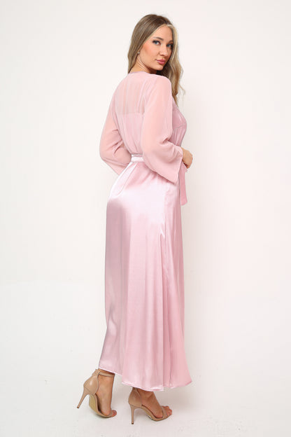 Luna Veil – Saten Dantelli Uzun Gecelik & Sabahlık Set